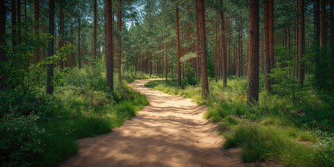 Obraz premium Tree-lined sandy walkway, ideal for nature walks and leisure exploration