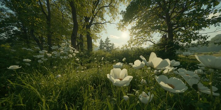 Full bloom white anemones with ambient lighting, ideal for botanical backgrounds or floral design