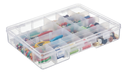 Clear stackable storage box with adjustable dividers for organizing craft supplies.