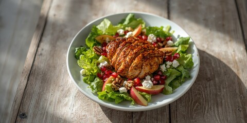 Grilled chicken salad featuring red apple slices feta pomegranate seeds and pecans, used as a nutritious lunch option
