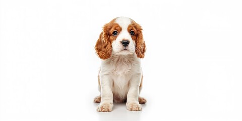 Spaniel puppy on a white background, small breed features for pet adoption ads