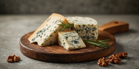 Slices of Gorgonzola and Roquefort cheese displayed for tasting, highlighting cheese craftsmanship
