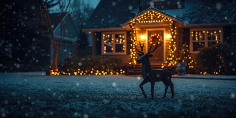 Festive winter garden illuminated at night with wooden deer figures, holiday ambiance