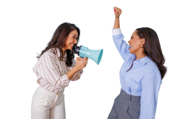 Women announcing good news with megaphone and celebrating success, achieving goal, cheering victory on transparent background