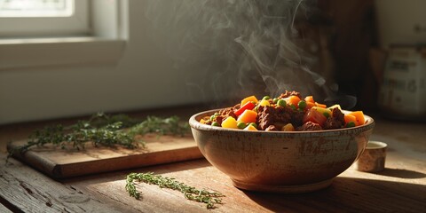Minced beef and vegetable mixture simmered with tomatoes, suitable for evaluating protein and fiber content
