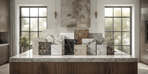Obraz premium Varied natural and engineered stone countertops in a kitchen setting, emphasizing surface durability