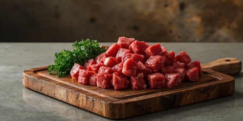 Uncooked beef pieces alongside parsley on a cutting surface, ready for cooking, food prep hygiene