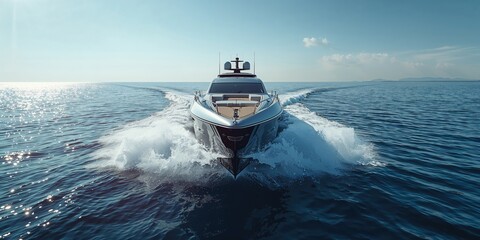 Close-up of a motor yacht's prow highlighting the hull construction and surface finish, ideal for ship repair and safety analysis