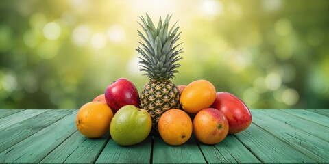 Tropical fruits arranged on a green wooden surface as a fresh food display for a market stall