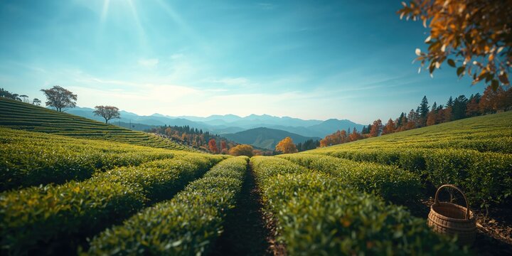 Autumn scenery in a green tea garden with vibrant foliage and clear blue sky, highlighting agricultural preservation