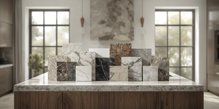 Varied natural and engineered stone countertops in a kitchen setting, emphasizing surface durability