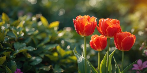 Vivid red tulips in full bloom under sunlight, suitable for nature-themed layouts