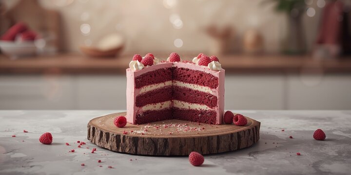Red velvet cake with raspberry and devils cake slices arranged on wood board, dessert display, no holiday