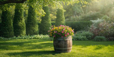 Outdoor garden decor idea featuring wine barrel planters as decorative pots for yard and patio spaces, promoting eco-friendly reuse