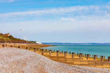 Fototapeta premium Eastbourn, Coastal beach scene with pebble shore, wooden groynes, and ferris wheel in the distance