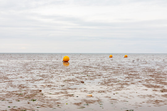 Heacham Beach, Heacham, Norfolk. Orange buoys drift on tidal waters near a calm sea horizon