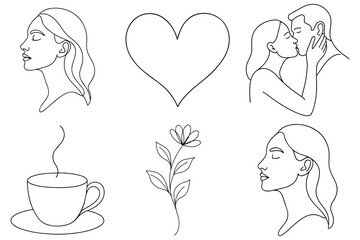 Minimalist line art collection featuring a loving couple kissing, a steaming coffee cup, a delicate flower, and profiles of women's faces.
