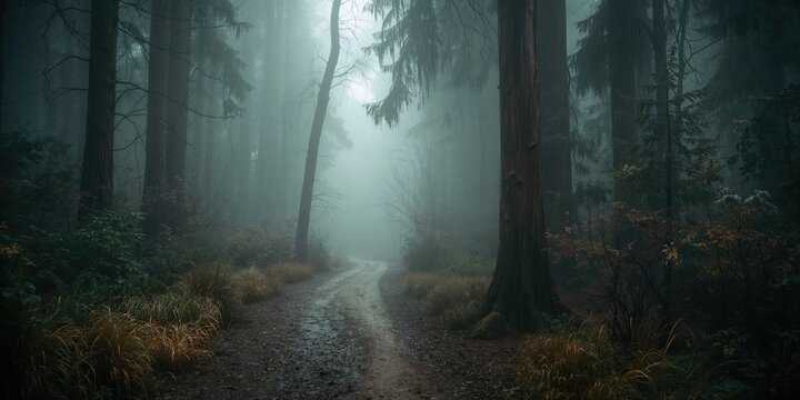 Forest pathway shrouded in fog at Sauvie Island Wildlife Area, highlighting seasonal change in a protected natural environment