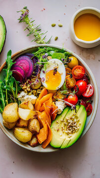 Savory breakfast bowl featuring grains, avocado, and seasonal vegetables. This nutritious brunch dish emphasizes organic ingredients and farm-fresh simplicity.