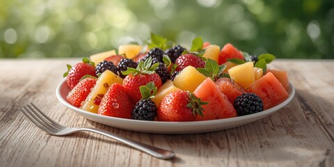 Assorted fresh fruit arrangement with fork including strawberries blackberries pineapple and watermelon, suitable for fruit display