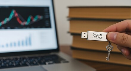 Digital security and data protection concept with USB drive, key, stacked books, and laptop showing analytics chart, symbolizing cybersecurity, encrypted information storage, privacy, finance.