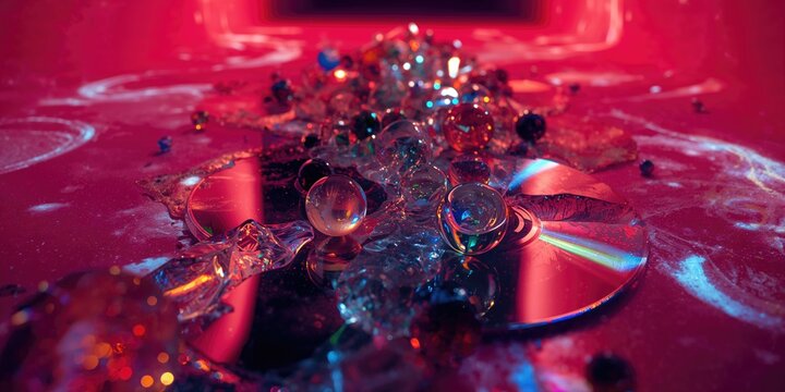 Colorful marbles and CDs with distinctive illumination forming a cosmic-inspired abstract backdrop