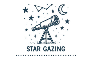 Telescope under starry night sky with constellation and crescent moon