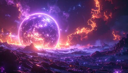 Cosmic celestial orb glows amidst a nebula, rocky terrain below