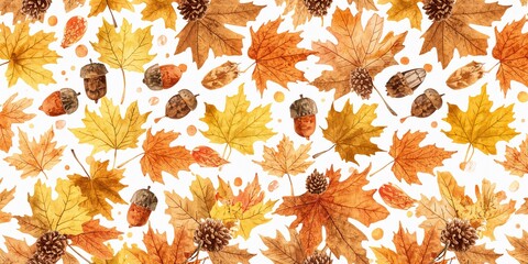 Seamless watercolor pattern of autumn leaves used as digital paper background, seasonal decor, Earth Day