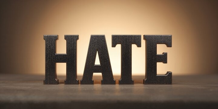 Vintage metal letterpress type spelling HATE on a softly backlit background, print texture and emotional tone