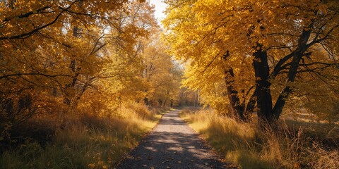 Obraz premium Path through autumn forest with yellow leaves on trees under sunlight, emphasizing seasonal transition