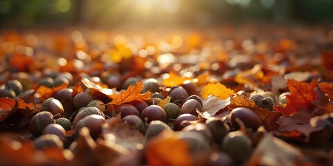 A ground covered with acorns amidst fallen leaves in an autumn landscape, highlighting nature's cycle, Earth Day