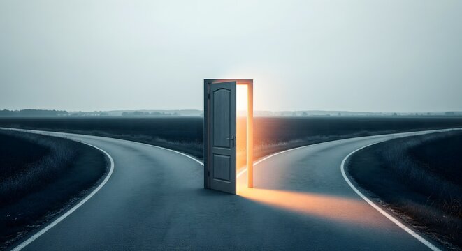 Open glowing door standing between two diverging roads, symbolizing choice, opportunity, decision making, new beginnings, life direction, future path, transformation, and success mindset concept