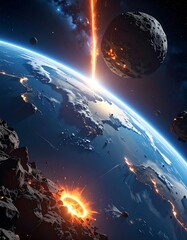 Cosmic depiction of a planet facing meteor impacts, creating fiery scenes