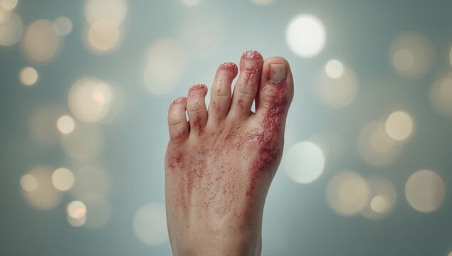 Detailed skin image of psoriasis vulgaris showing autoimmune inflammation, used in medical publications