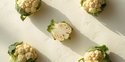 Fresh cauliflower with a cut head and bunches, suitable for culinary layout designs