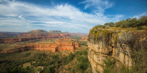Cliffside view of moss-covered spring valley at Mokattam Cairi with lush greenery and mountain landscape, natural scenery and summer travel