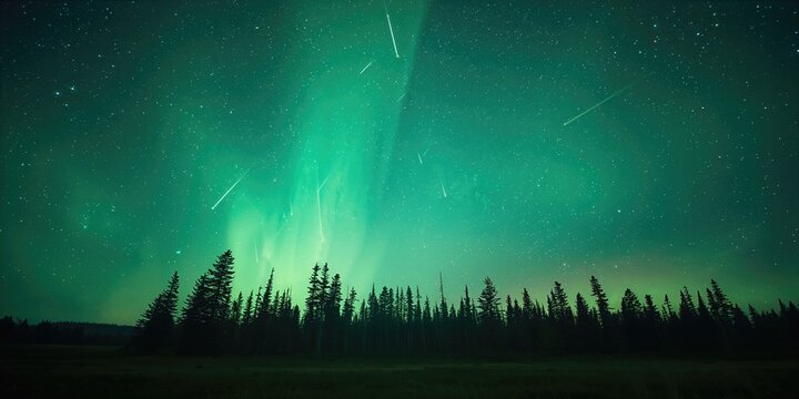 Starry night sky with meteor streaks over pine and spruce treeline, atmospheric event for celestial tracking