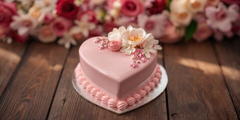 Pink heart-shaped cake with floral decorations, ideal for romantic or special occasions