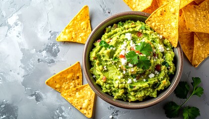 Fresh Guacamole Dip with Tortilla Chips on Gray Background guacamole bowl top view