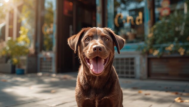 Urban street dog seated outside a storefront, highlighting city wildlife, World Animal Day
