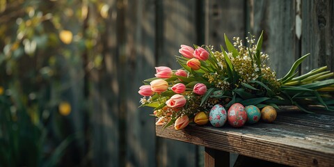 Colorful tulips and decorated Easter eggs arranged on a wooden surface, spring holiday floral decor