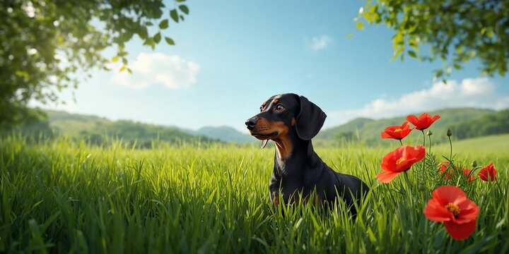 Black dachshund dog lying on grass, highlighting calm demeanor, natural environment, pet health awareness