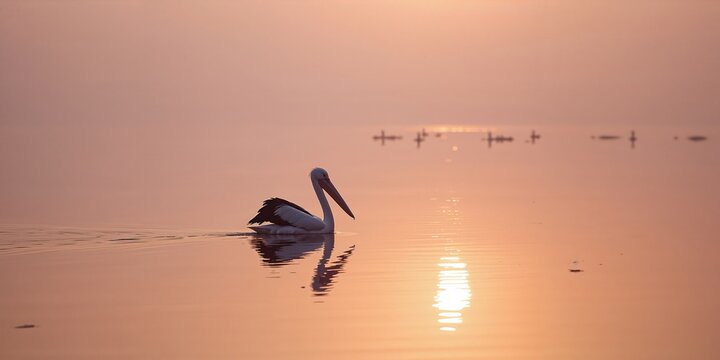 Wildlife of the Danube delta with a pelican resting on water during sunrise, highlighting conservation efforts