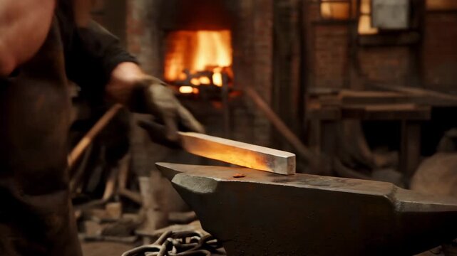 Blacksmith working in a forge with tools and fire at a workshop during the day