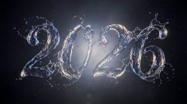 Fresh Water Splash 2026 New Year Calligraphy. Dynamic Clear Liquid 3D Render with Backlight.
