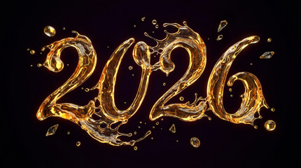 Luxurious Golden Liquid 2026 New Year Calligraphy. Splashing Molten Gold or Amber Fluid 3D Render.