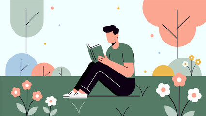Person Reading Book in Spring Park Modern Flat Vector Illustration