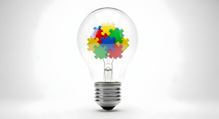 A lightbulb with colorful puzzle pieces inside on white background representing creativity and problem solving