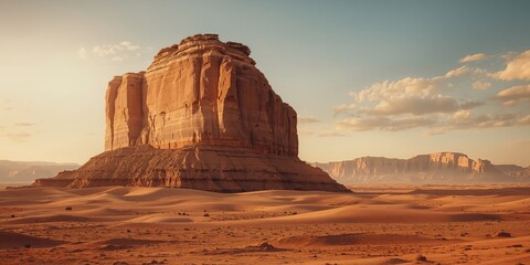 Desert landscape with rock formations, mountain backdrop, sand dunes, natural erosion process, tourism setting
